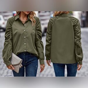 PRETTYGARDEN 2024 Fall Fashion Button Down Shirts Ruched Casual Blouse Tops